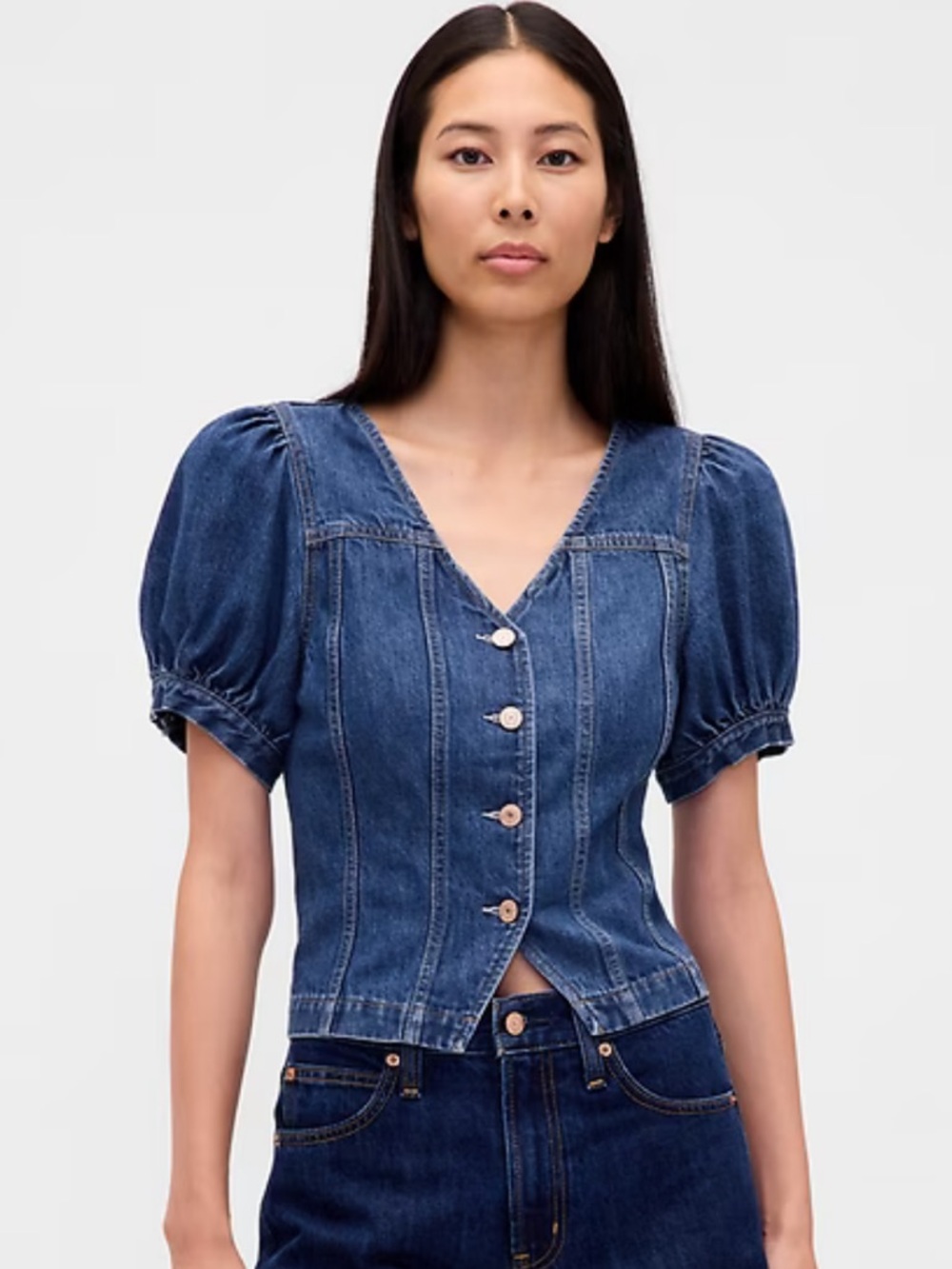 Denim Puff-Sleeve Button Front Top - Blue - Picture 2 of 9